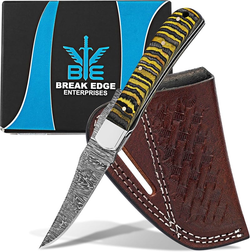 BE BREAK EDGE Handmade Damascus Steel Russlock Folding Knife with Yellow Striped Handle and Leather Sheath - Image 1